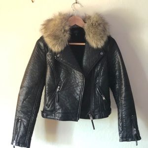 Topshop Black Faux Fur Collar Biker Jacket -SZ 4